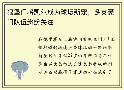 狼堡门将凯尔成为球坛新宠，多支豪门队伍纷纷关注