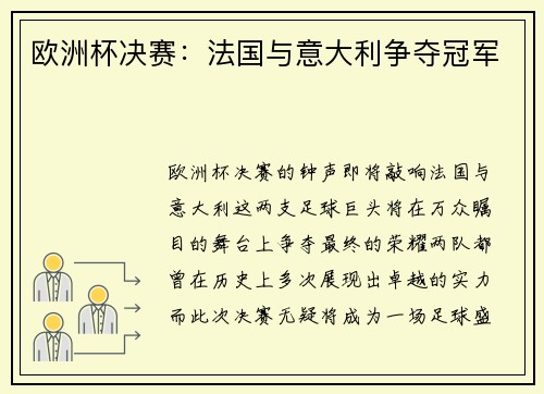 欧洲杯决赛：法国与意大利争夺冠军