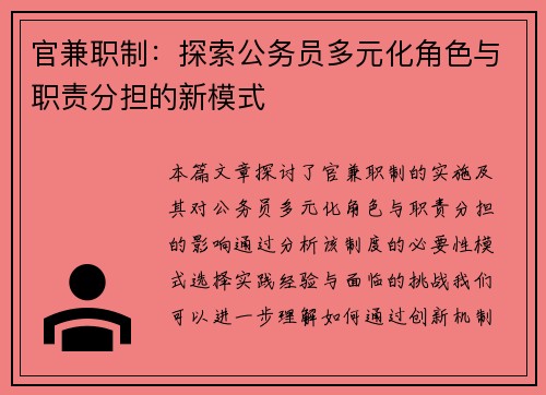 官兼职制：探索公务员多元化角色与职责分担的新模式
