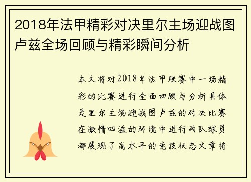 2018年法甲精彩对决里尔主场迎战图卢兹全场回顾与精彩瞬间分析