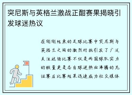 突尼斯与英格兰激战正酣赛果揭晓引发球迷热议