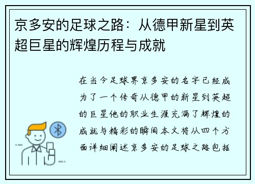 京多安的足球之路：从德甲新星到英超巨星的辉煌历程与成就