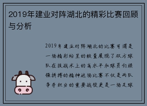 2019年建业对阵湖北的精彩比赛回顾与分析
