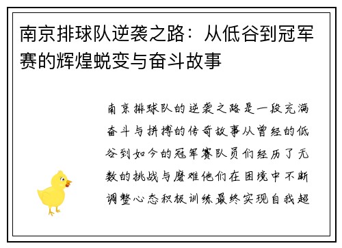 南京排球队逆袭之路：从低谷到冠军赛的辉煌蜕变与奋斗故事
