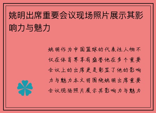 姚明出席重要会议现场照片展示其影响力与魅力