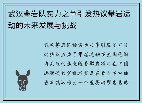 武汉攀岩队实力之争引发热议攀岩运动的未来发展与挑战