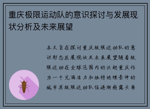 重庆极限运动队的意识探讨与发展现状分析及未来展望